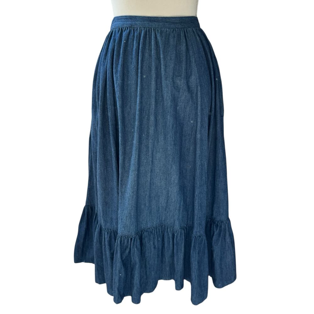BIS Skirt Womens XS Blue Denim Ruffle Tier Prairie Full Midi Pockets Vintage 80s - Picture 5 of 12